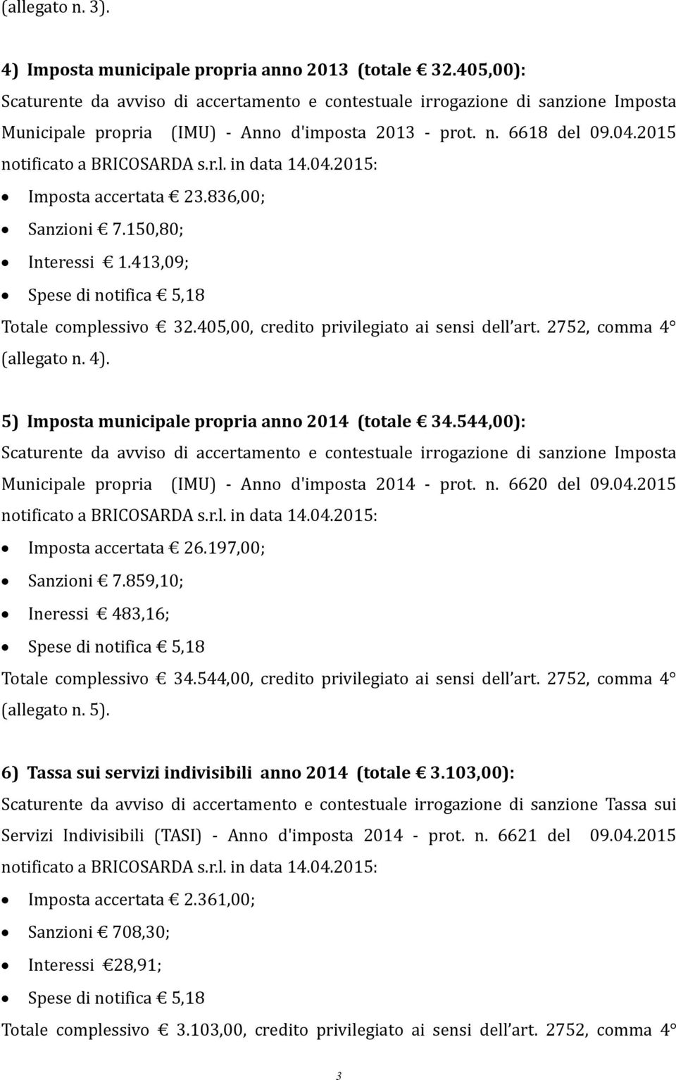 04.2015: Imposta accertata 23.836,00; Sanzioni 7.150,80; Interessi 1.413,09; Totale complessivo 32.405,00, credito privilegiato ai sensi dell art. 2752, comma 4 (allegato n. 4).