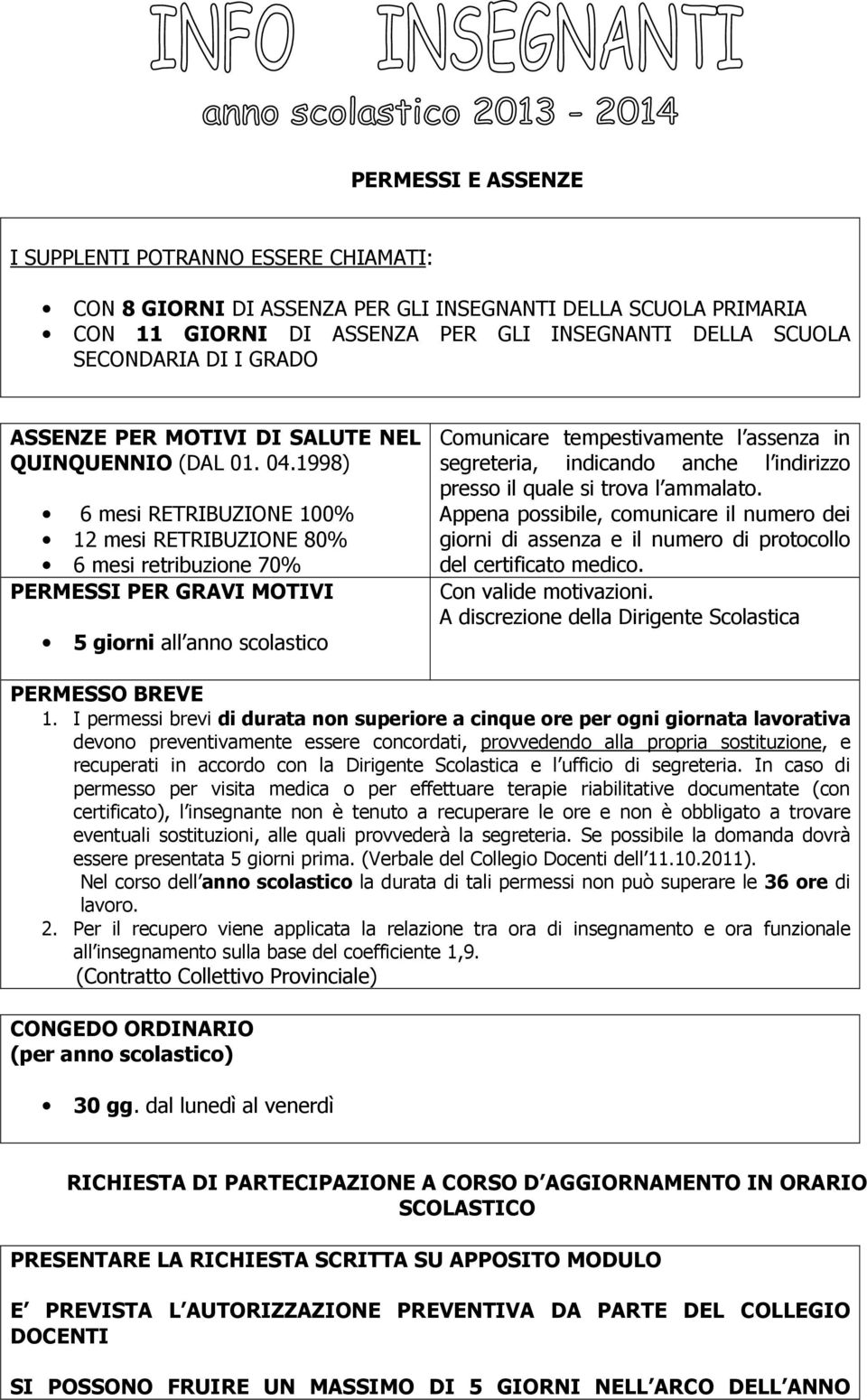 1998) 6 mesi RETRIBUZIONE 100% 12 mesi RETRIBUZIONE 80% 6 mesi retribuzione 70% PERMESSI PER GRAVI MOTIVI 5 giorni all anno scolastico Comunicare tempestivamente l assenza in segreteria, indicando