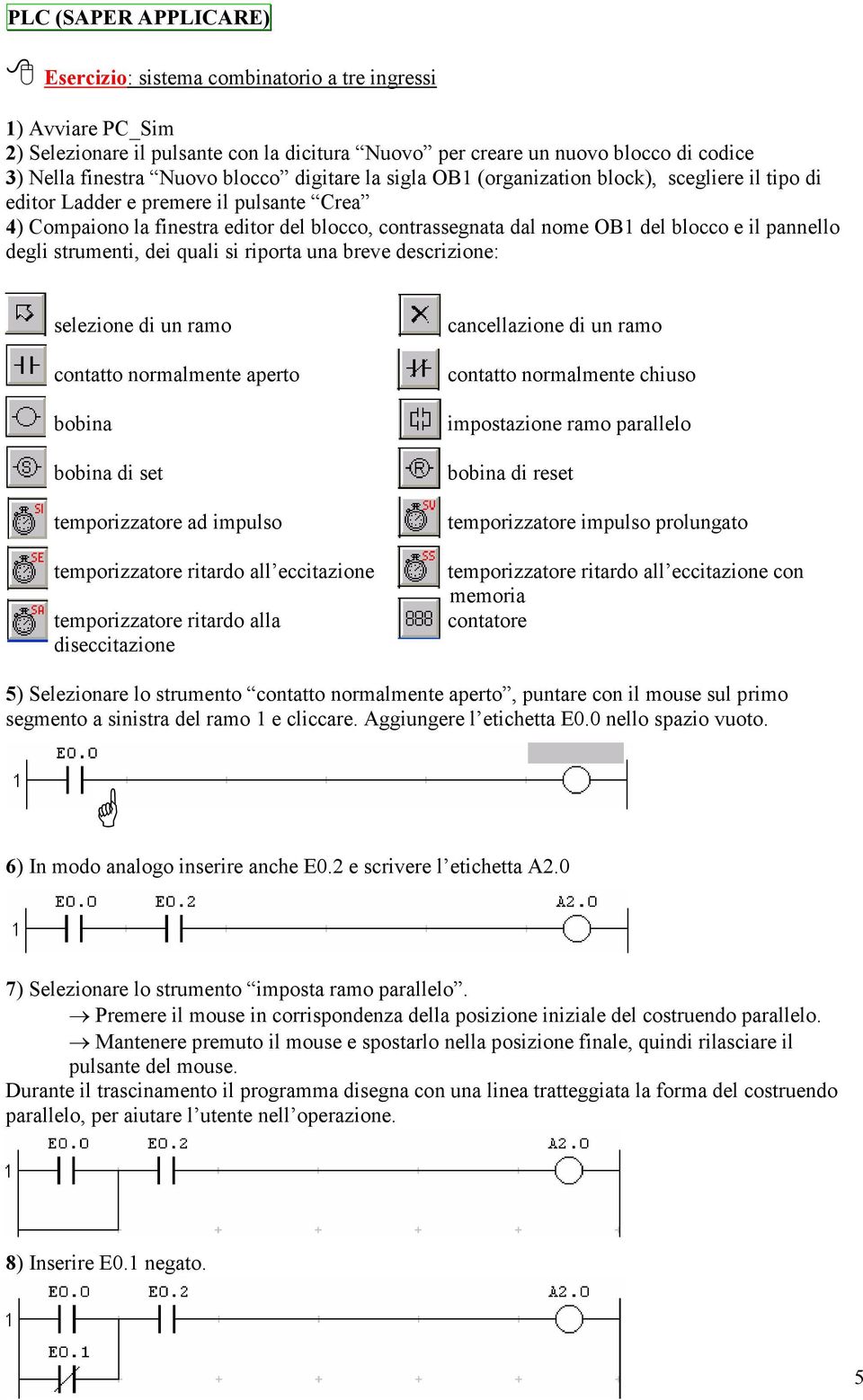 il pannello degli strumenti, dei quali si riporta una breve descrizione: selezione di un ramo contatto normalmente aperto bobina bobina di set temporizzatore ad impulso temporizzatore ritardo all