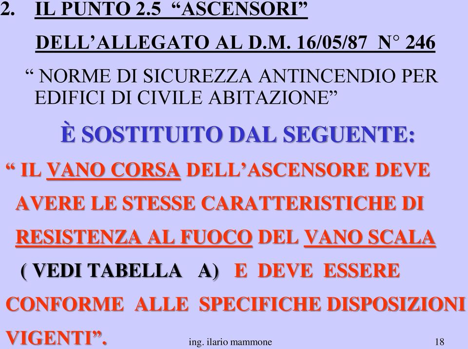 SOSTITUITO DAL SEGUENTE: IL VANO CORSA DELL ASCENSORE DEVE AVERE LE STESSE