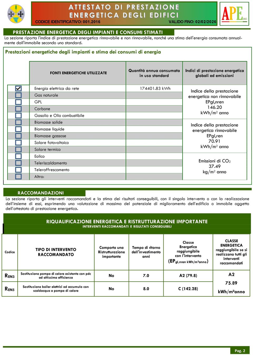 Prestazioni energetiche degli impianti e stima dei consumi di energia FONTI ENERGETICHE UTILIZZATE Quantità annua consumata in uso standard Indici di prestazione energetica globali ed emissioni