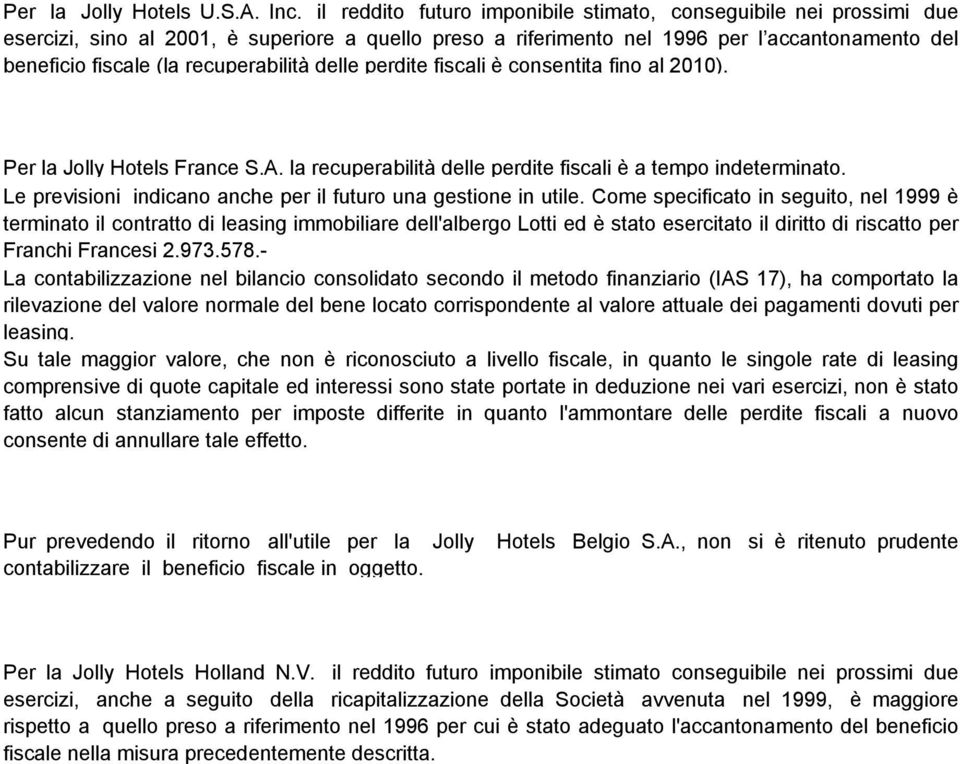 recuperabilità delle perdite fiscali è consentita fino al 2010). Per la Jolly Hotels France S.A. la recuperabilità delle perdite fiscali è a tempo indeterminato.