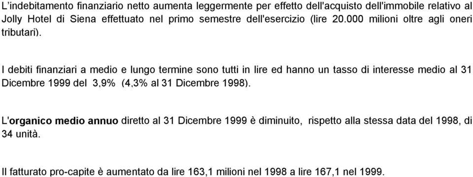 I debiti finanziari a medio e lungo termine sono tutti in lire ed hanno un tasso di interesse medio al 31 Dicembre 1999 del 3,9% (4,3% al 31