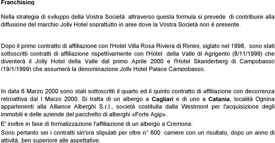 Dopo il primo contratto di affiliazione con l'hotel Villa Rosa Riviera di Rimini, siglato nel 1998, sono stati sottoscritti contratti di affiliazione rispettivamente con l'hotel della Valle di