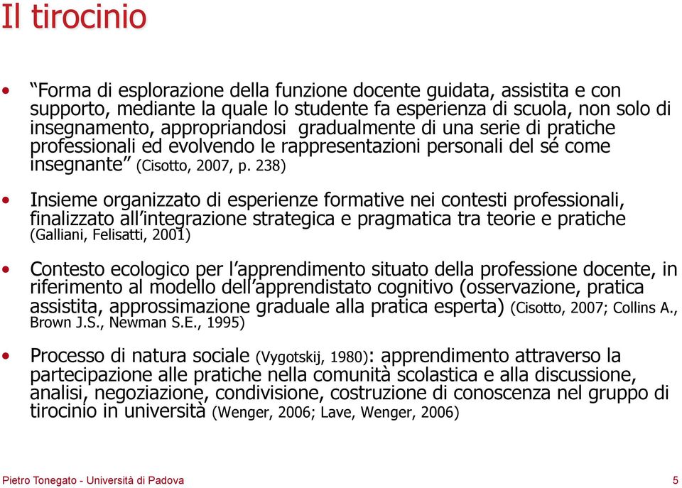 238) Insieme organizzato di esperienze formative nei contesti professionali, finalizzato all integrazione strategica e pragmatica tra teorie e pratiche (Galliani, Felisatti, 2001) Contesto ecologico