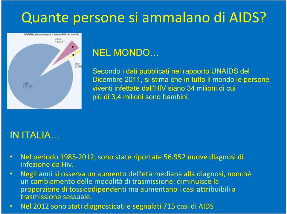 milioni di cui più di 3,4 milioni sono bambini. IN ITALIA Nel periodo 1985-2012, sono state riportate 56.952 nuove diagnosi di infezione da Hiv.