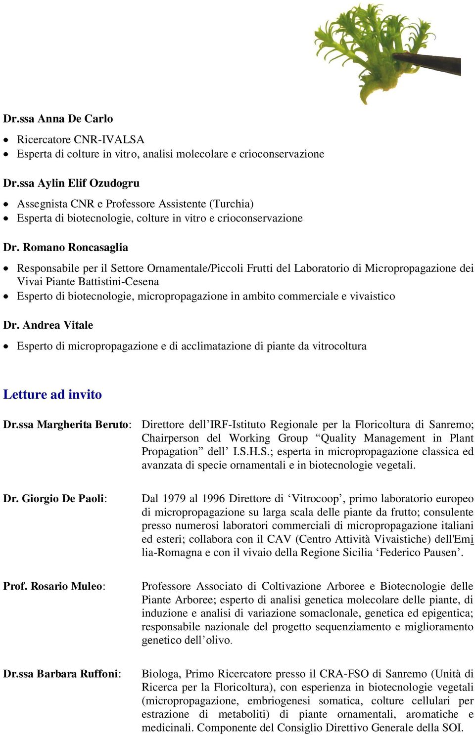 Romano Roncasaglia Responsabile per il Settore Ornamentale/Piccoli Frutti del Laboratorio di Micropropagazione dei Vivai Piante Battistini-Cesena Esperto di biotecnologie, micropropagazione in ambito