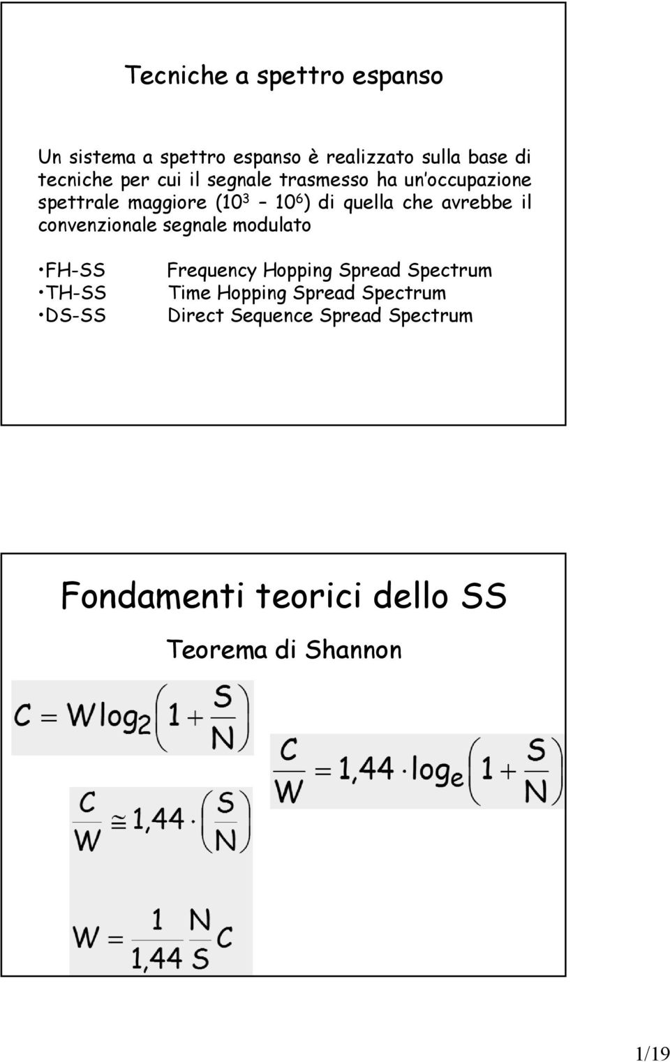 il convenzionale segnale modulato FH-SS TH-SS DS-SS Frequency Hopping Spread Spectrum Time
