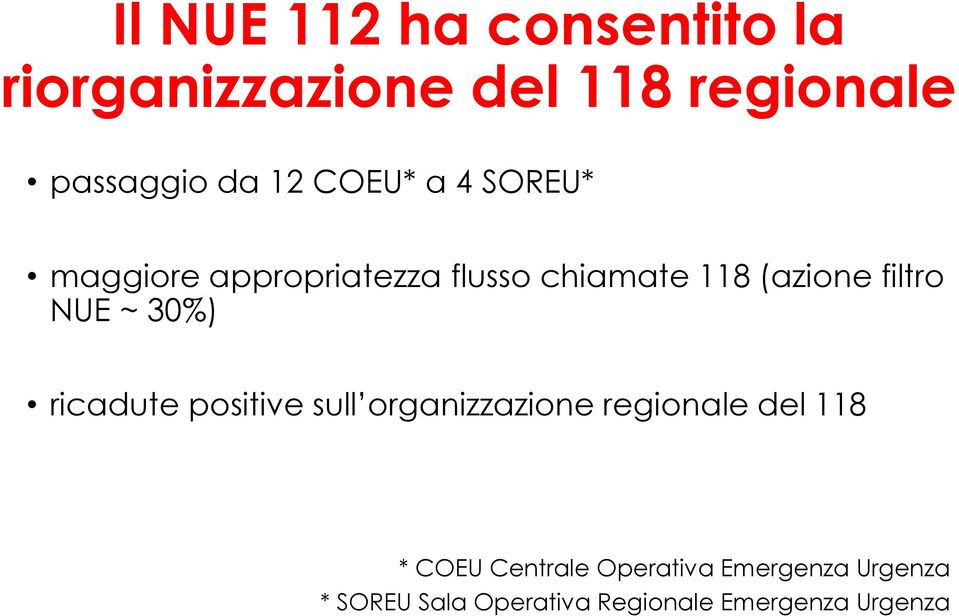 NUE ~ 30%) ricadute positive sull organizzazione regionale del 118 * COEU