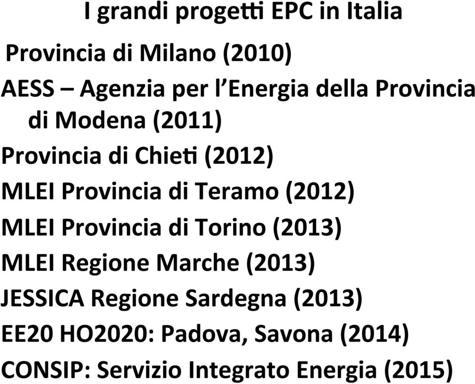 (2012) MLEI Provincia di Torino (2013) MLEI Regione Marche (2013) JESSICA Regione