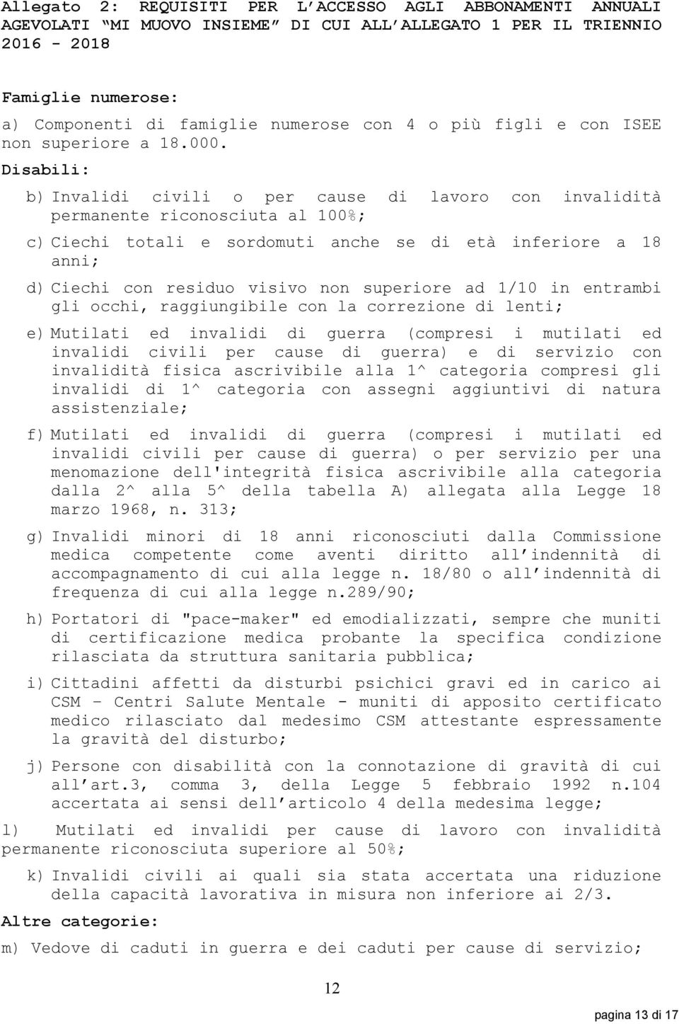 Disabili: b) Invalidi civili o per cause di lavoro con invalidità permanente riconosciuta al 100%; c) Ciechi totali e sordomuti anche se di età inferiore a 18 anni; d) Ciechi con residuo visivo non