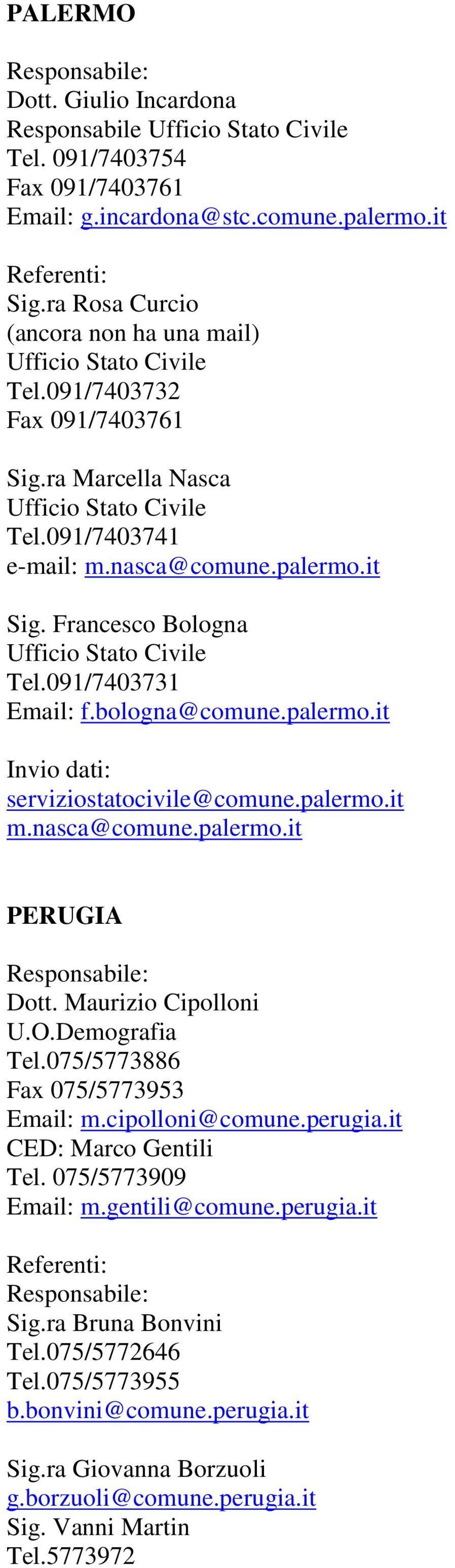 palermo.it m.nasca@comune.palermo.it PERUGIA Dott. Maurizio Cipolloni U.O.Demografia Tel.075/5773886 Fax 075/5773953 Email: m.cipolloni@comune.perugia.it CED: Marco Gentili Tel.