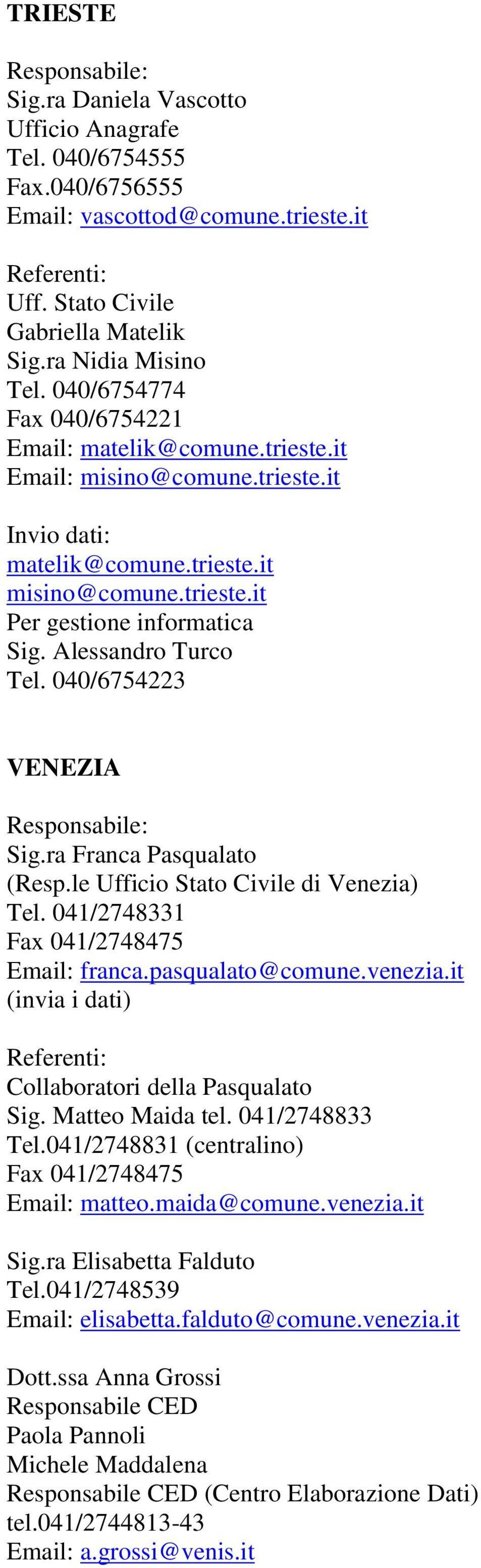 040/6754223 VENEZIA Sig.ra Franca Pasqualato (Resp.le di Venezia) Tel. 041/2748331 Fax 041/2748475 Email: franca.pasqualato@comune.venezia.it (invia i dati) Collaboratori della Pasqualato Sig.