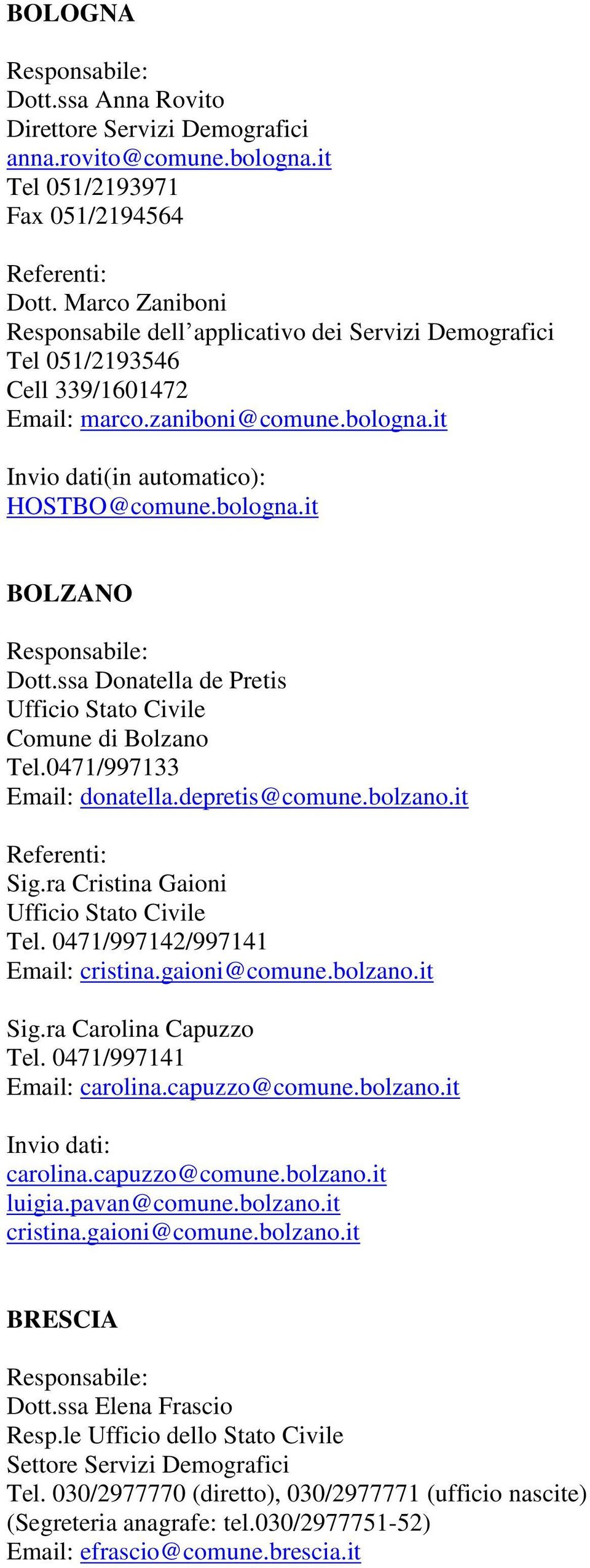 ssa Donatella de Pretis Comune di Bolzano Tel.0471/997133 Email: donatella.depretis@comune.bolzano.it Sig.ra Cristina Gaioni Tel. 0471/997142/997141 Email: cristina.gaioni@comune.bolzano.it Sig.ra Carolina Capuzzo Tel.