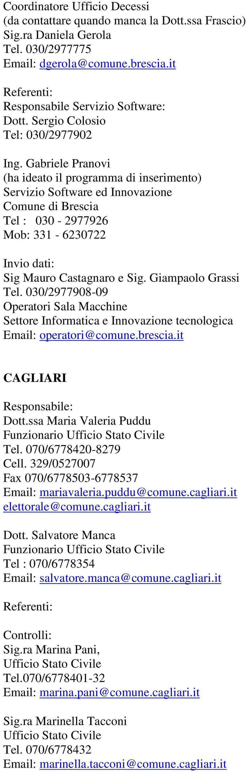 Gabriele Pranovi (ha ideato il programma di inserimento) Servizio Software ed Innovazione Comune di Brescia Tel : 030-2977926 Mob: 331-6230722 Sig Mauro Castagnaro e Sig. Giampaolo Grassi Tel.