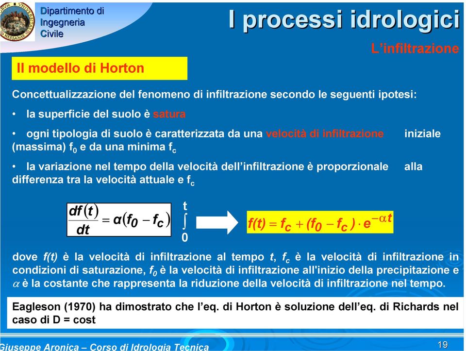 f c ) f(t) = f t c + (f0 fc ) e α 0 dove f(t) è la velocità di infiltrazione al tempo t, f c è la velocità di infiltrazione in condizioni di saturazione, f 0 è la velocità di infiltrazione all'inizio