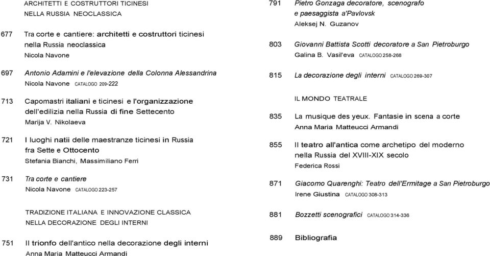 Vasil'eva CATALOGO 258-268 697 Antonio Adamini e l'elevazione della Colonna Alessandrina Nicola Navone CATALOGO 209-222 713 Capomastri italiani e ticinesi e l'organizzazione dell'edilizia nella