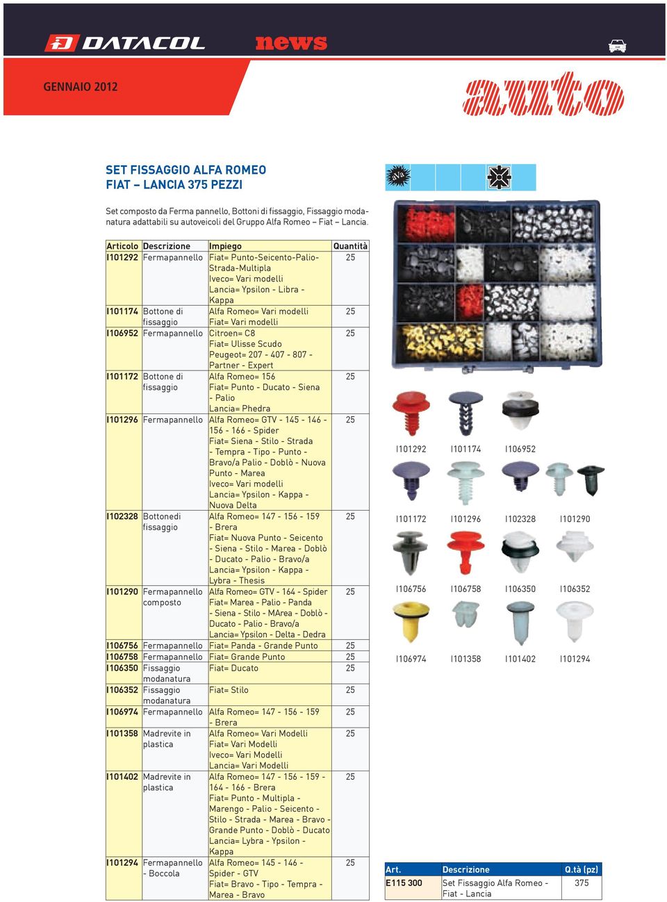 Fermapannello Citroen= C8 Fiat= Ulisse Scudo Peugeot= 207-407 - 807 - Partner - Expert I101172 Bottone di Alfa Romeo= 156 fissaggio Fiat= Punto - Ducato - Siena - Palio Lancia= Phedra I101296