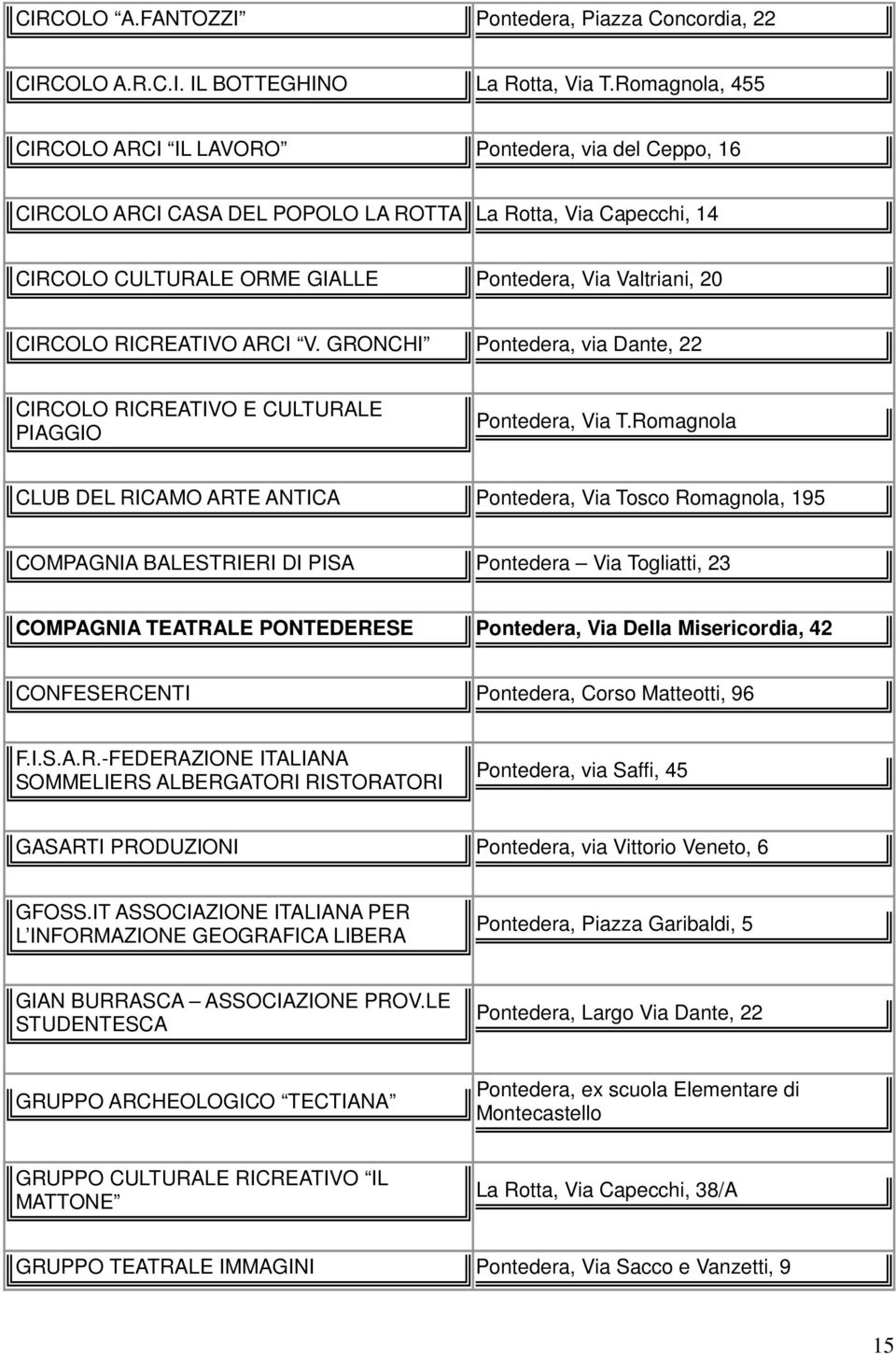 RICREATIVO ARCI V. GRONCHI Pontedera, via Dante, 22 CIRCOLO RICREATIVO E CULTURALE PIAGGIO Pontedera, Via T.