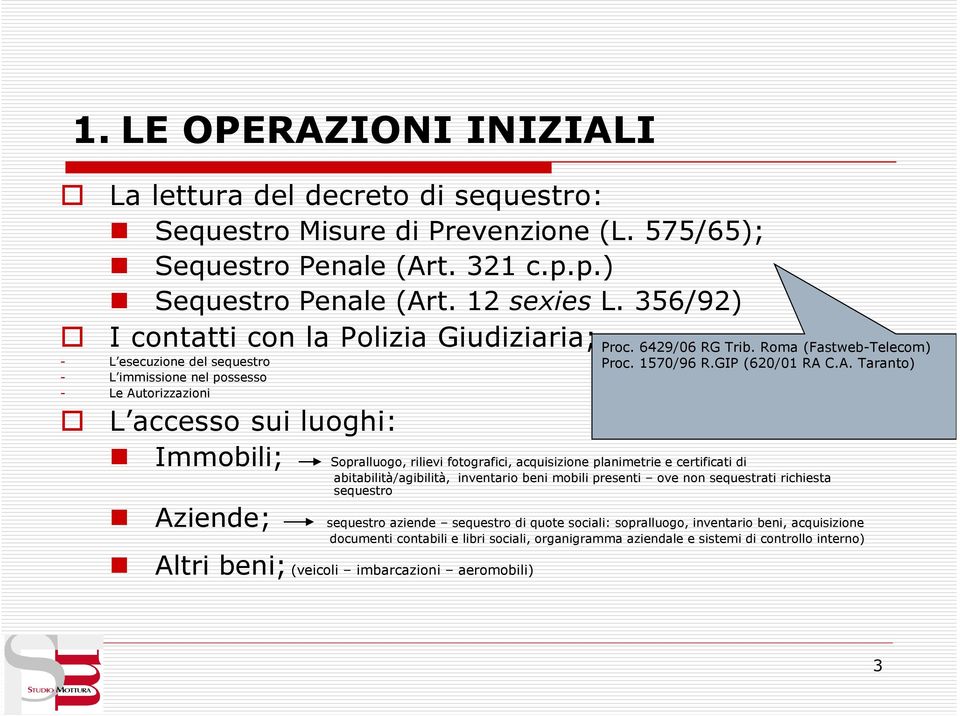 C.A. Taranto) - L immissione nel possesso - Le Autorizzazioni L accesso sui luoghi: Immobili; Sopralluogo, rilievi fotografici, acquisizione planimetrie e certificati di abitabilità/agibilità,