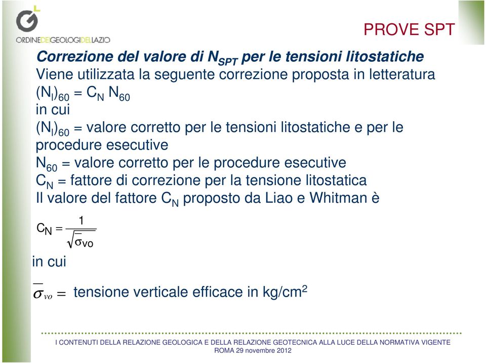 litostatiche e per le procedure esecutive N 60 = valore corretto per le procedure esecutive C N = fattore di