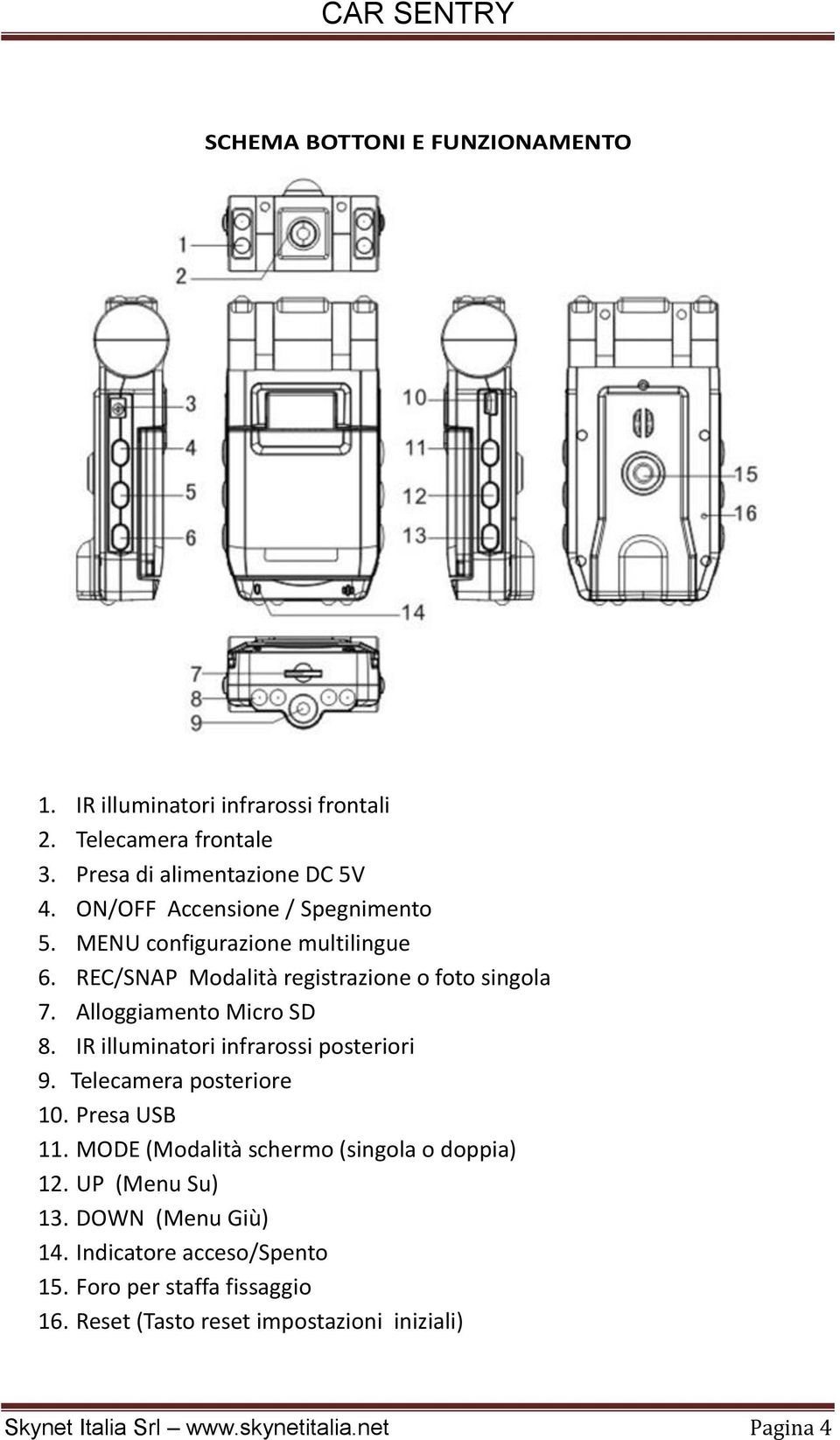 IR illuminatori infrarossi posteriori 9. Telecamera posteriore 10. Presa USB 11. MODE (Modalità schermo (singola o doppia) 12. UP (Menu Su) 13.