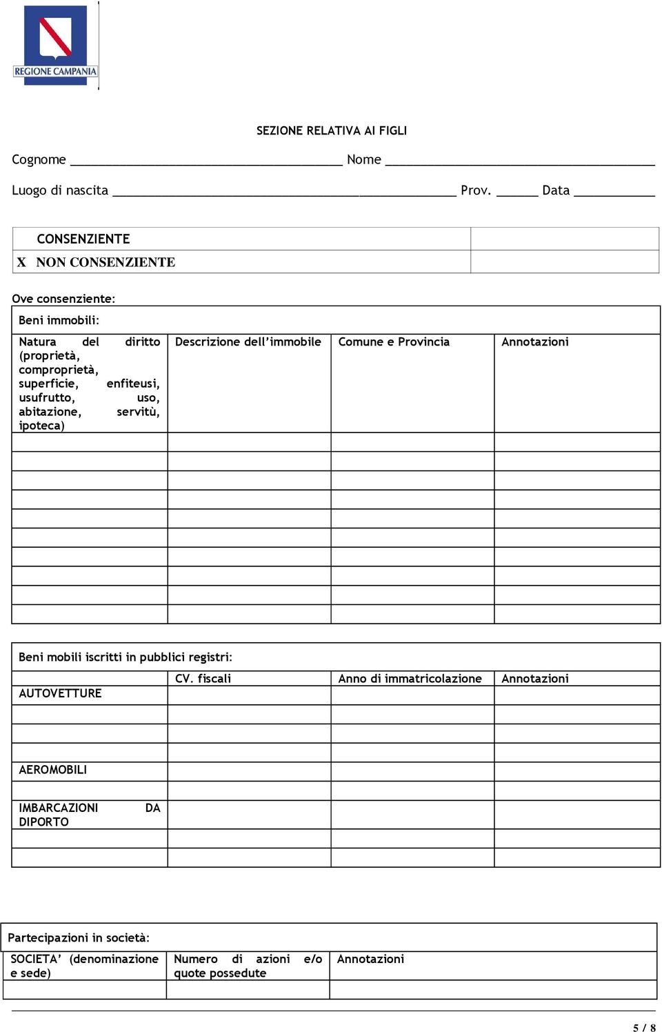 enfiteusi, usufrutto, uso, abitazione, servitù, ipoteca) Descrizione dell immobile Comune e Provincia Beni mobili iscritti in