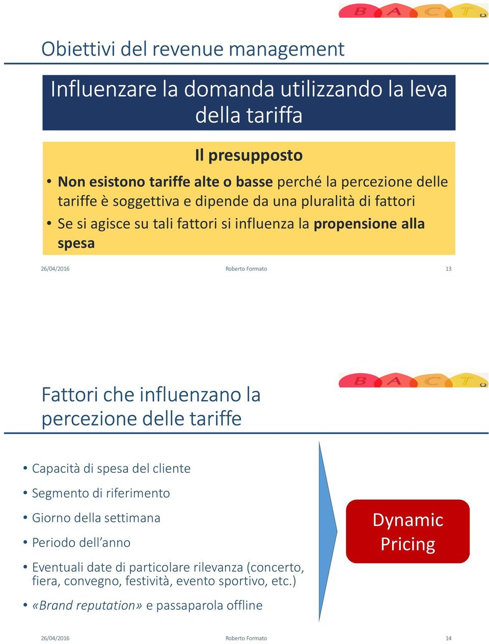 Fattori che influenzano la percezione delle tariffe Capacità di spesa del cliente Segmento di riferimento Giorno della settimana Periodo dell anno Eventuali date di