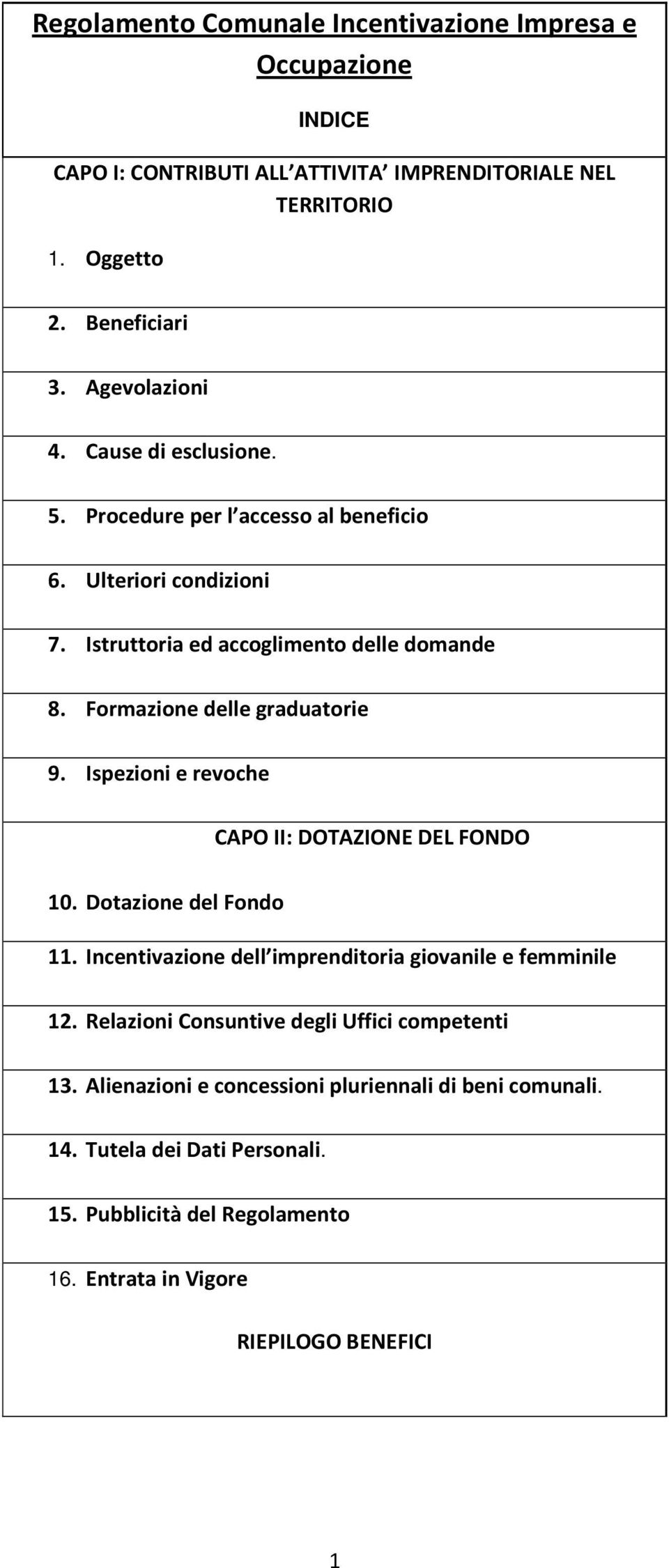 Formazione delle graduatorie 9. Ispezioni e revoche CAPO II: DOTAZIONE DEL FONDO 10. Dotazione del Fondo 11. Incentivazione dell imprenditoria giovanile e femminile 12.