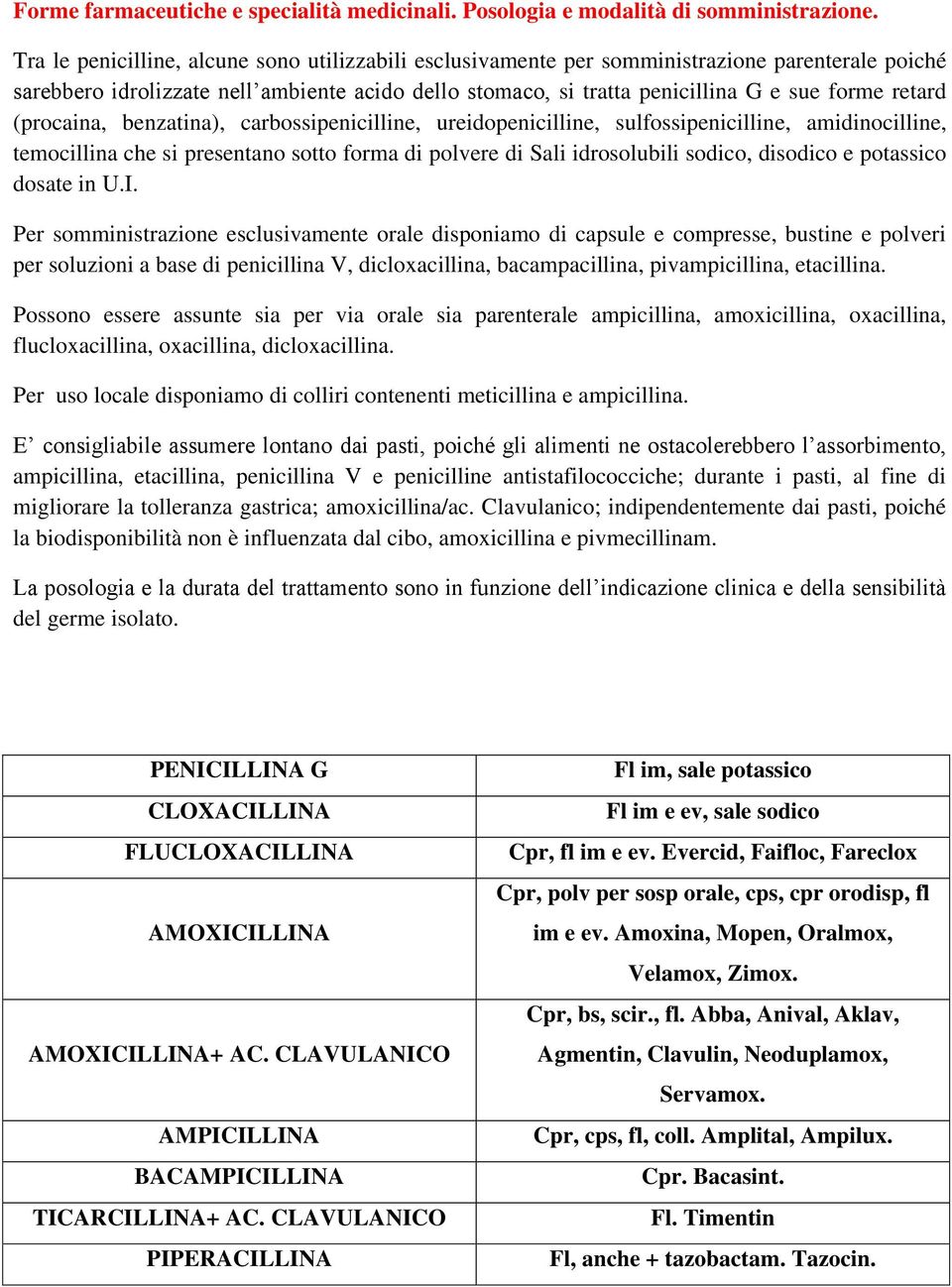 (procaina, benzatina), carbossipenicilline, ureidopenicilline, sulfossipenicilline, amidinocilline, temocillina che si presentano sotto forma di polvere di Sali idrosolubili sodico, disodico e