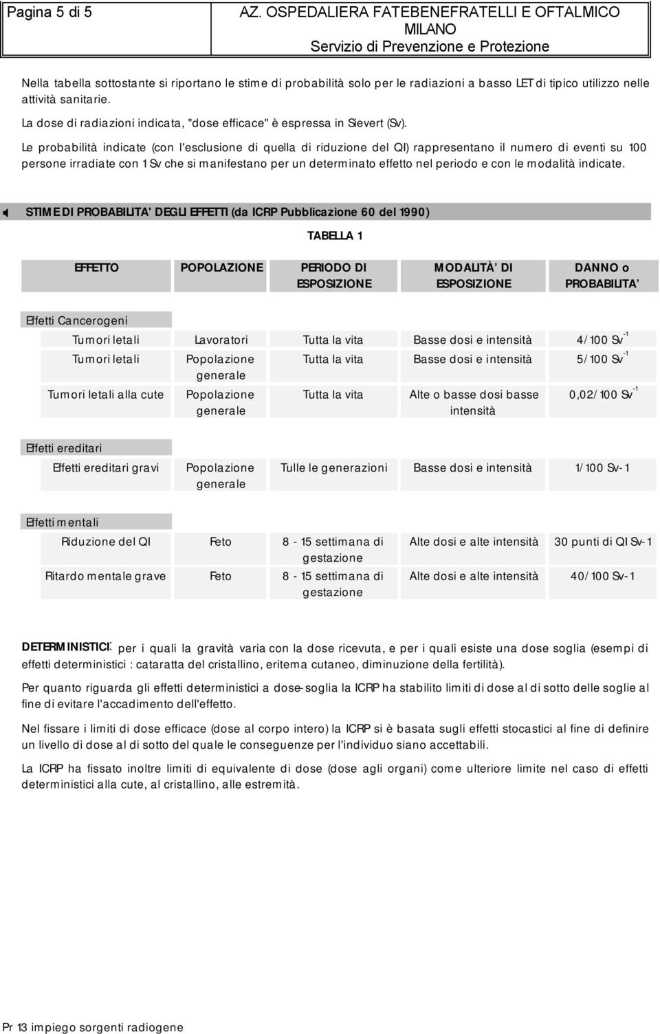 Le probabilità indicate (con l'esclusione di quella di riduzione del QI) rappresentano il numero di eventi su 100 persone irradiate con 1 Sv che si manifestano per un determinato effetto nel periodo