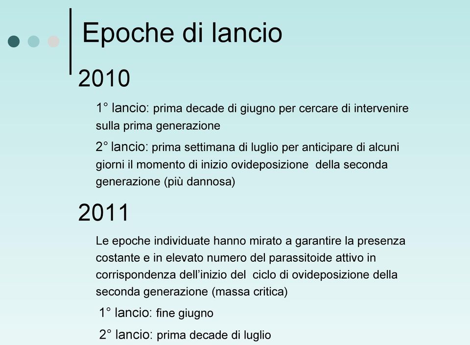 2011 Le epoche individuate hanno mirato a garantire la presenza costante e in elevato numero del parassitoide attivo in