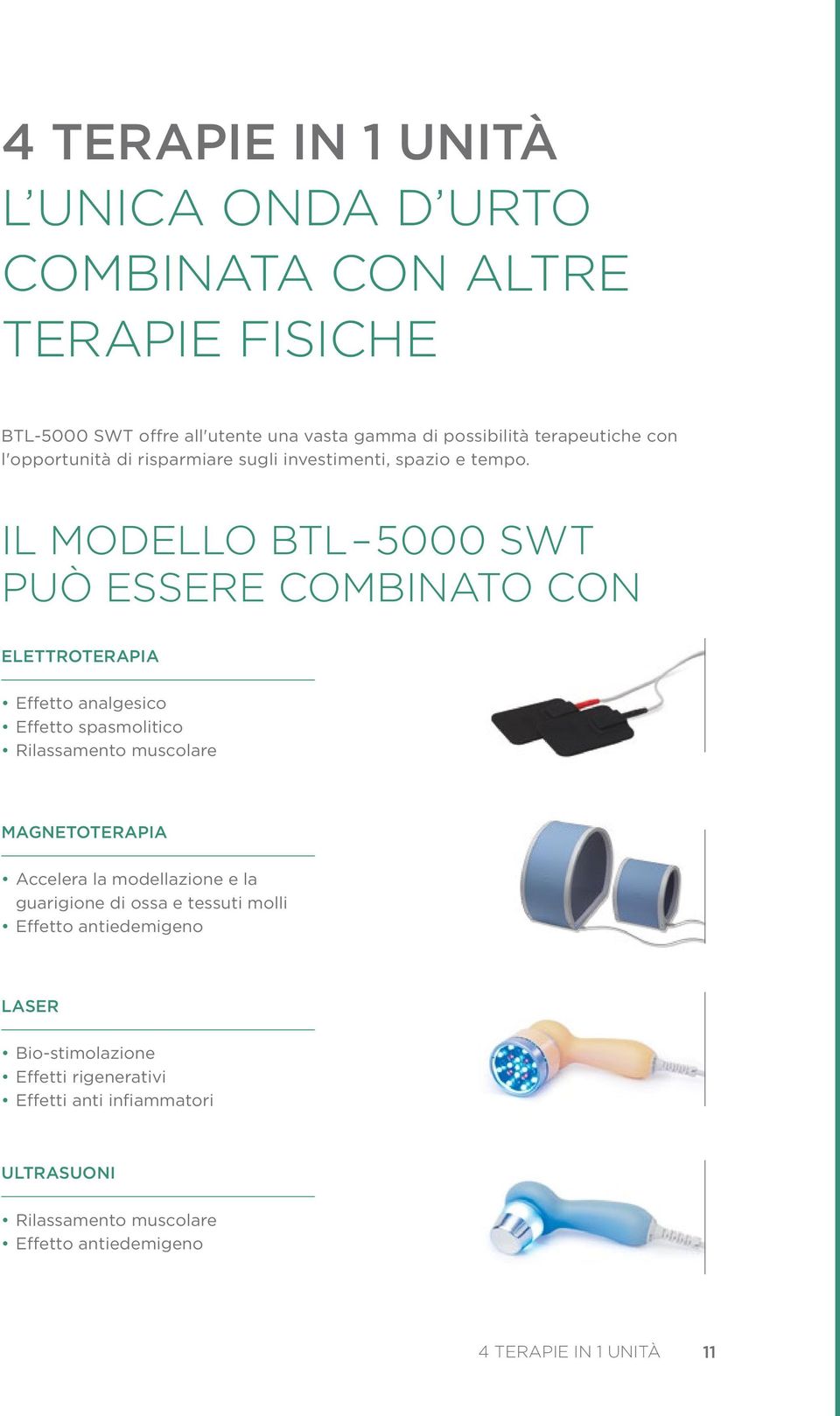 IL MODELLO BTL 5000 SWT PUÒ ESSERE COMBINATO CON ELETTROTERAPIA Effetto analgesico Effetto spasmolitico Rilassamento muscolare MAGNETOTERAPIA