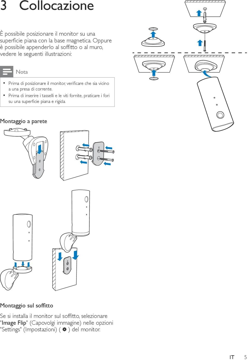 sia vicino a una presa di corrente. Prima di inserire i tasselli e le viti fornite, praticare i fori su una superficie piana e rigida.