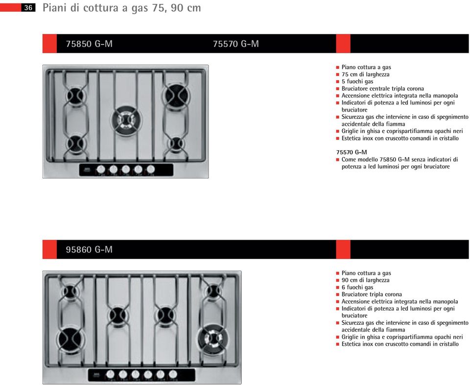 comandi in cristallo 75570 GM Come modello 75850 GM senza indicatori di potenza a led luminosi per ogni bruciatore 95860 GM Piano cottura a gas 90 cm di larghezza 6 fuochi gas Bruciatore tripla