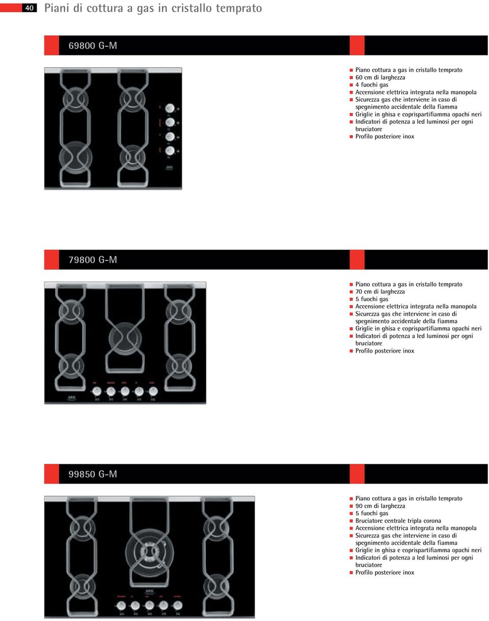 Piano cottura a gas in cristallo temprato 70 cm di larghezza 5 fuochi gas Accensione elettrica integrata nella manopola Sicurezza gas che interviene in caso di spegnimento accidentale della fiamma