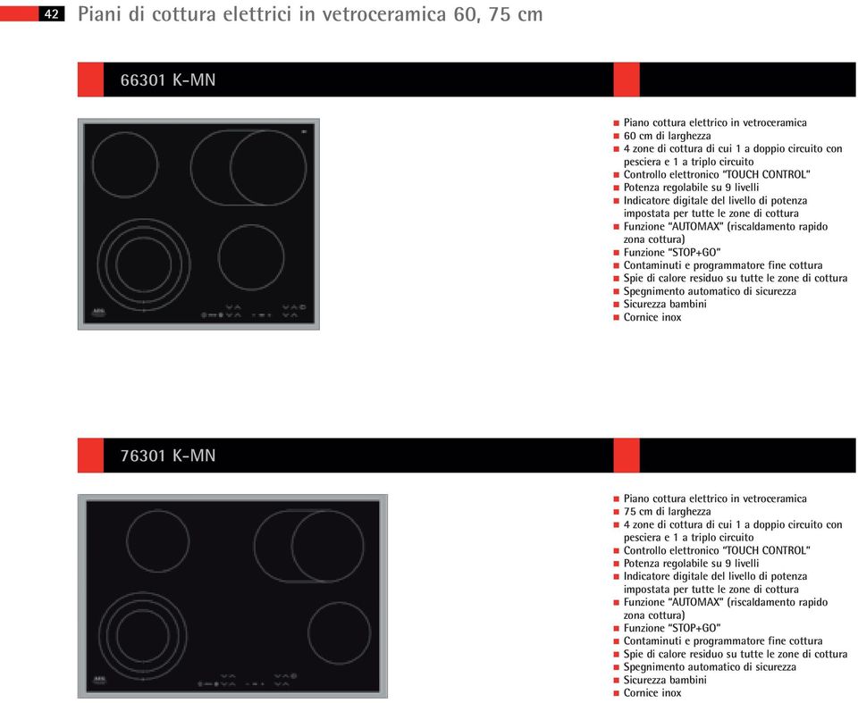 zona cottura) Funzione STOP+GO Contaminuti e programmatore fine cottura Spie di calore residuo su tutte le zone di cottura Spegnimento automatico di sicurezza Sicurezza bambini Cornice inox 76301 KMN