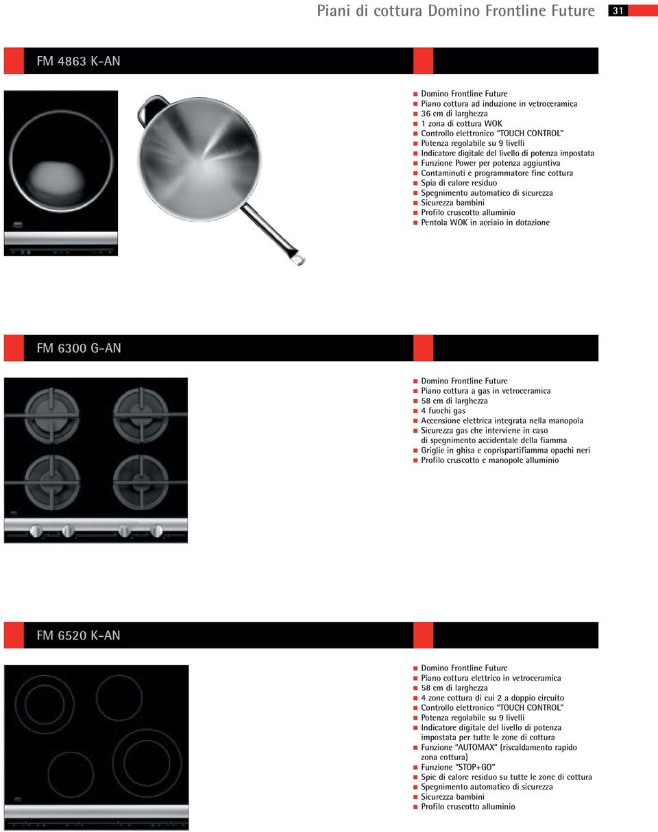 Spegnimento automatico di sicurezza Sicurezza bambini Profilo cruscotto alluminio Pentola WOK in acciaio in dotazione FM 6300 GAN Domino Frontline Future Piano cottura a gas in vetroceramica 58 cm di