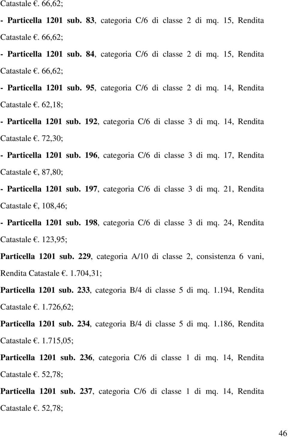 17, Rendita Catastale, 87,80; - Particella 1201 sub. 197, categoria C/6 di classe 3 di mq. 21, Rendita Catastale, 108,46; - Particella 1201 sub. 198, categoria C/6 di classe 3 di mq.
