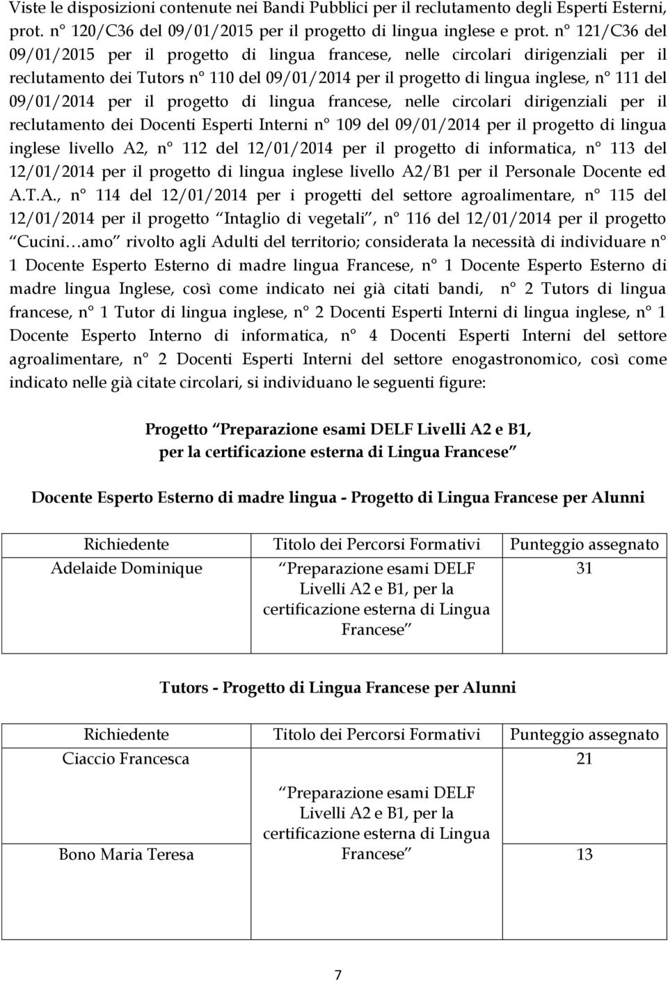 per il progetto di lingua francese, nelle circolari dirigenziali per il reclutamento dei Docenti Esperti Interni n 109 del 09/01/2014 per il progetto di lingua inglese livello A2, n 112 del