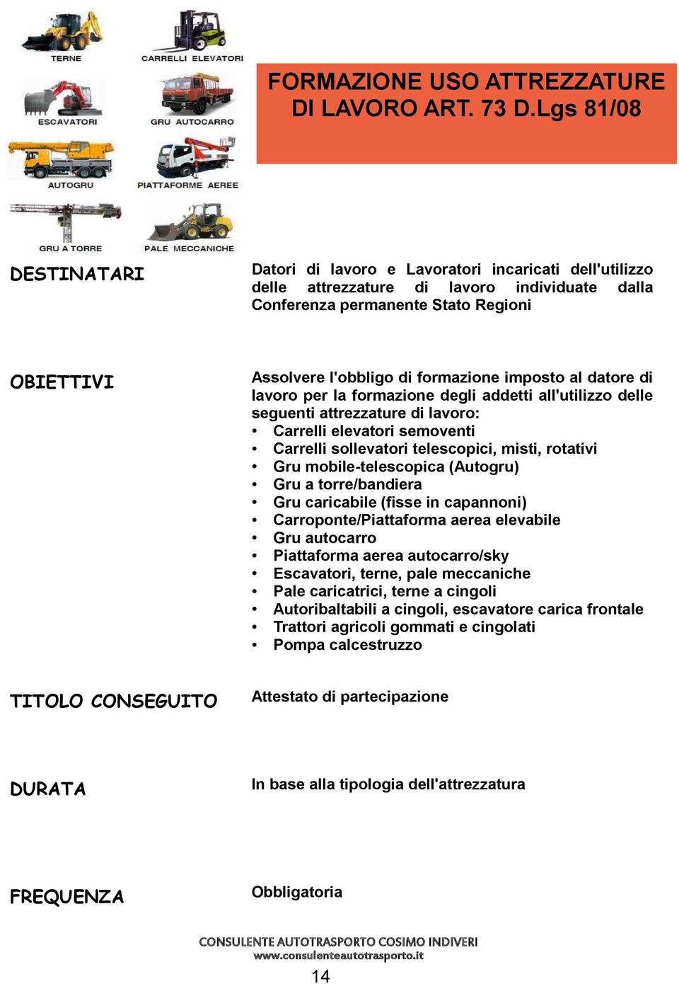 di lavoro per la formazione degli addetti all'utilizzo delle seguenti attrezzature di lavoro: Carrelli elevatori semoventi Carrelli sollevatori telescopici, misti, rotativi Gru mobile-telescopica