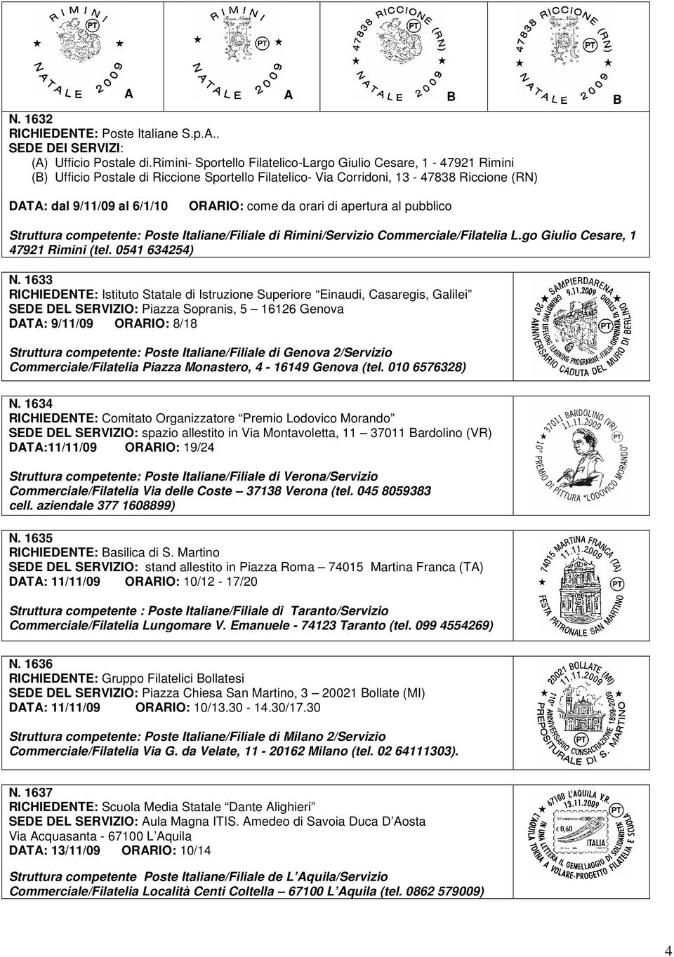 da orari di apertura al pubblico Struttura competente: Poste Italiane/Filiale di Rimini/Servizio Commerciale/Filatelia L.go Giulio Cesare, 1 47921 Rimini (tel. 0541 634254) N.