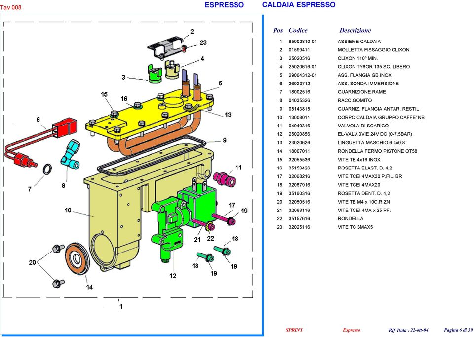 RESTIL 10 13008011 CORPO CALDAIA GRUPPO CAFFE' NB 11 04040316 VALVOLA DI SCARICO 12 25020856 EL-VALV.3VIE 24V DC (0-7,5BAR) 13 23020626 LINGUETTA MASCHIO 6.3x0.