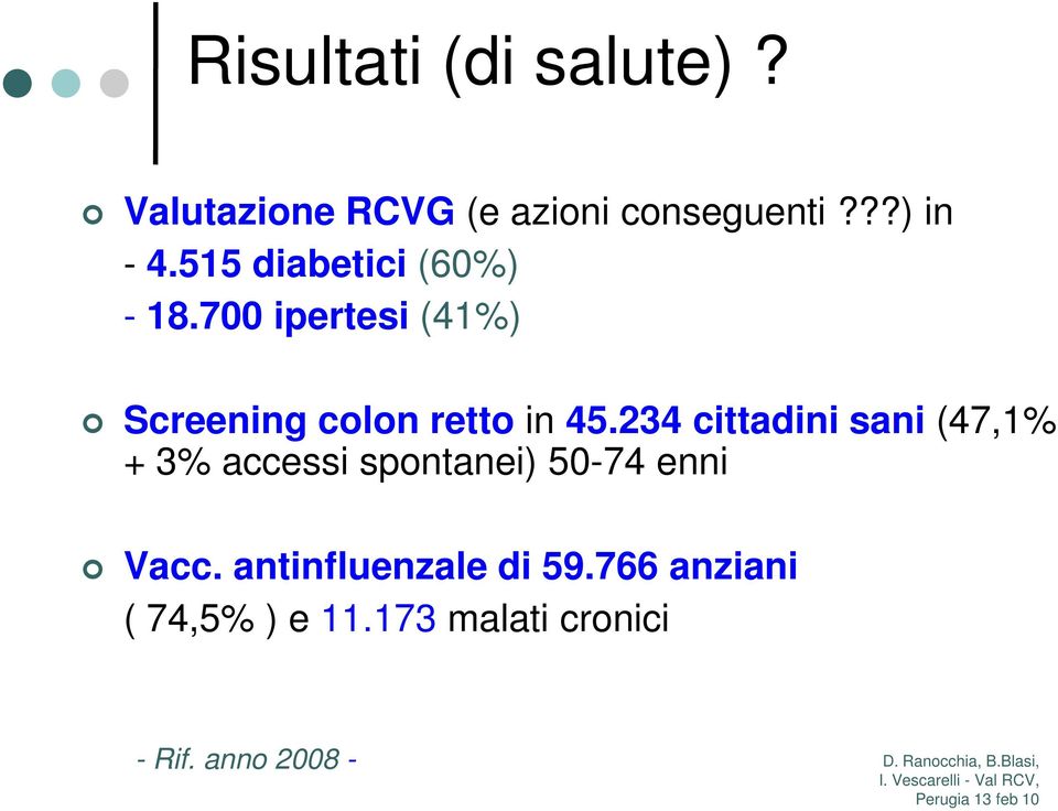 234 cittadini sani (47,1% + 3% accessi spontanei) 50-74 enni Vacc.