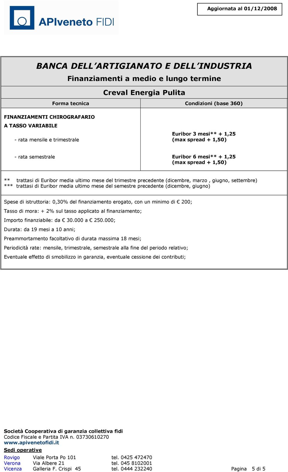 Euribor media ultimo mese del semestre precedente (dicembre, giugno) ; Importo finanziabile: da 30.000 a 250.