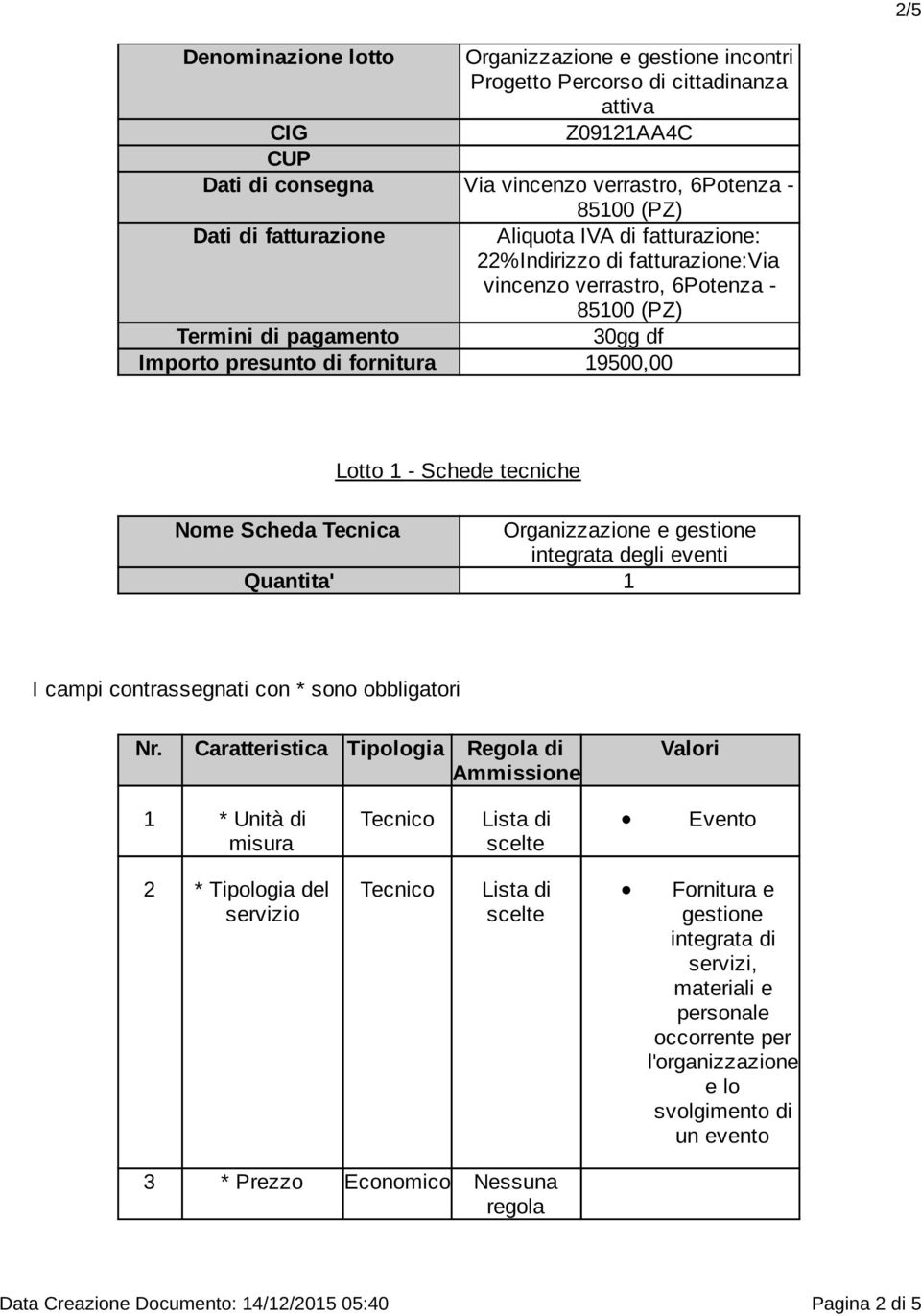 Nome Scheda Tecnica Organizzazione e gestione integrata degli eventi Quantita' 1 I campi contrassegnati con * sono obbligatori Nr.