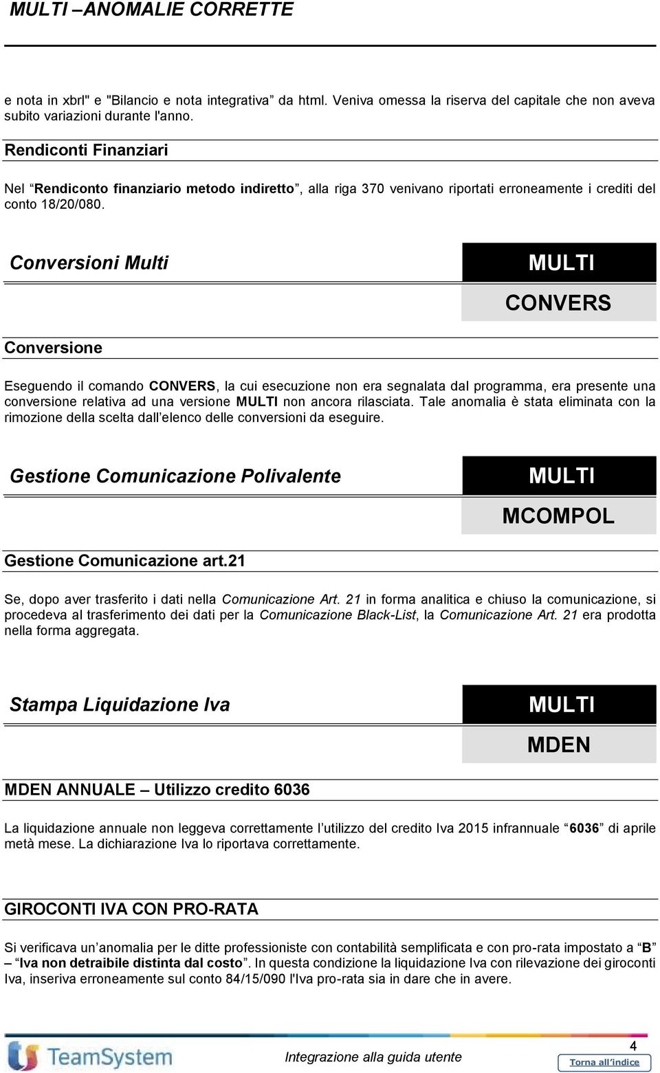 Conversioni Multi CONVERS Conversione Eseguendo il comando CONVERS, la cui esecuzione non era segnalata dal programma, era presente una conversione relativa ad una versione non ancora rilasciata.