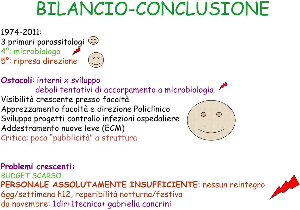 infezioni ospedaliere Addestramento nuove leve (ECM) Critica: poca pubblicità a struttura Problemi crescenti: Problemi crescenti: BUDGET SCARSO