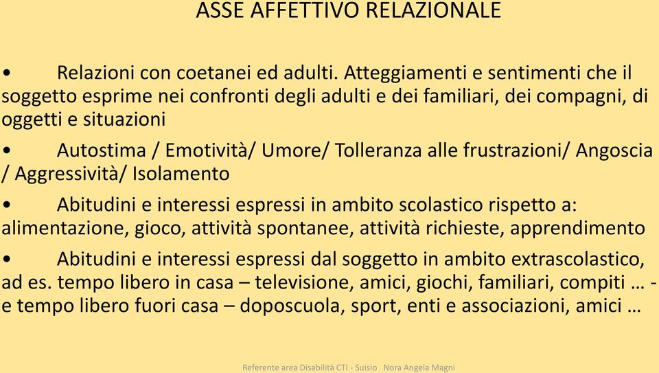 Tolleranza alle frustrazioni/ Angoscia / Aggressività/ Isolamento Abitudini e interessi espressi in ambito scolastico rispetto a: alimentazione, gioco, attività