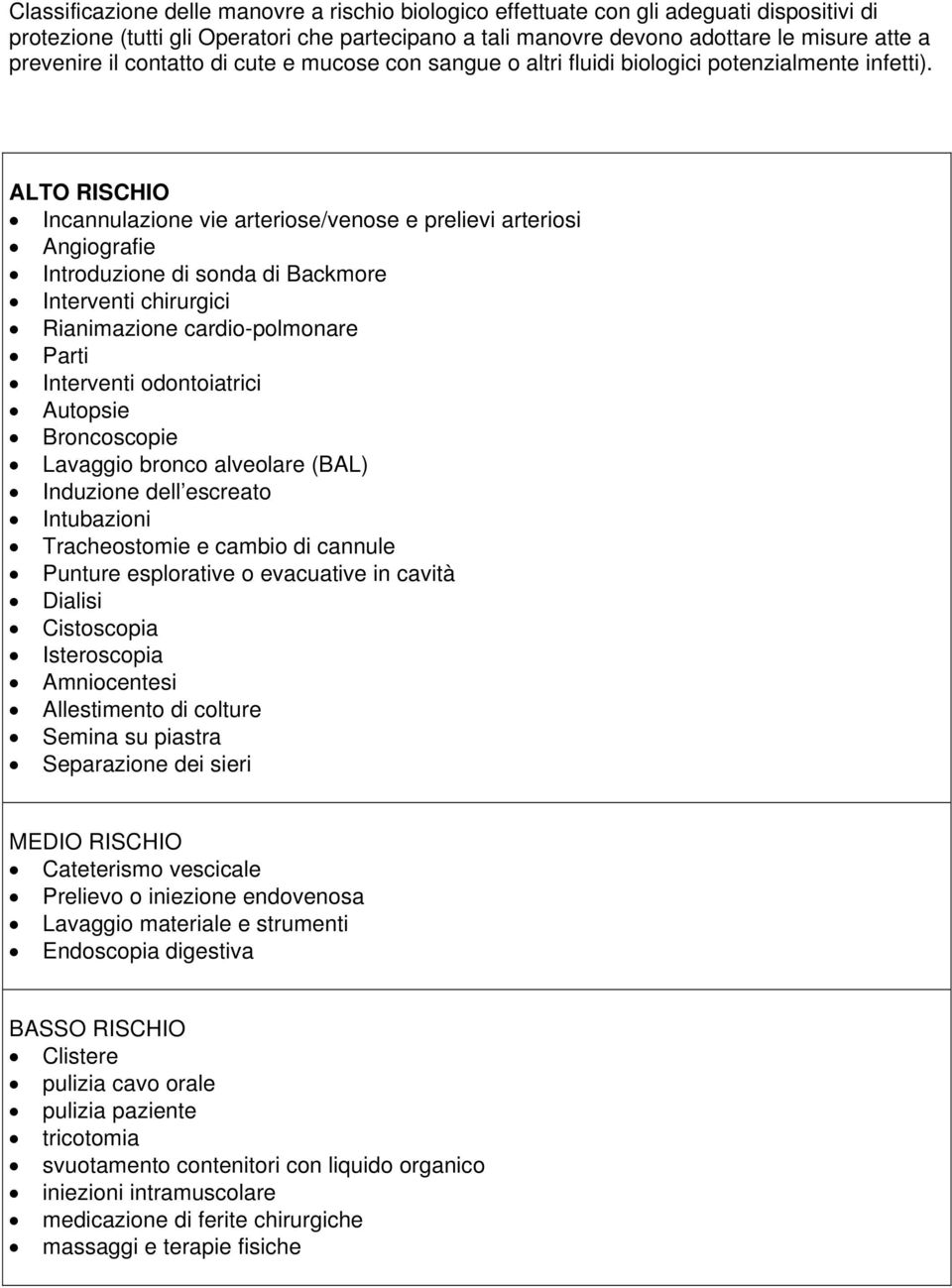 ALTO RISCHIO Incannulazione vie arteriose/venose e prelievi arteriosi Angiografie Introduzione di sonda di Backmore Interventi chirurgici Rianimazione cardio-polmonare Parti Interventi odontoiatrici